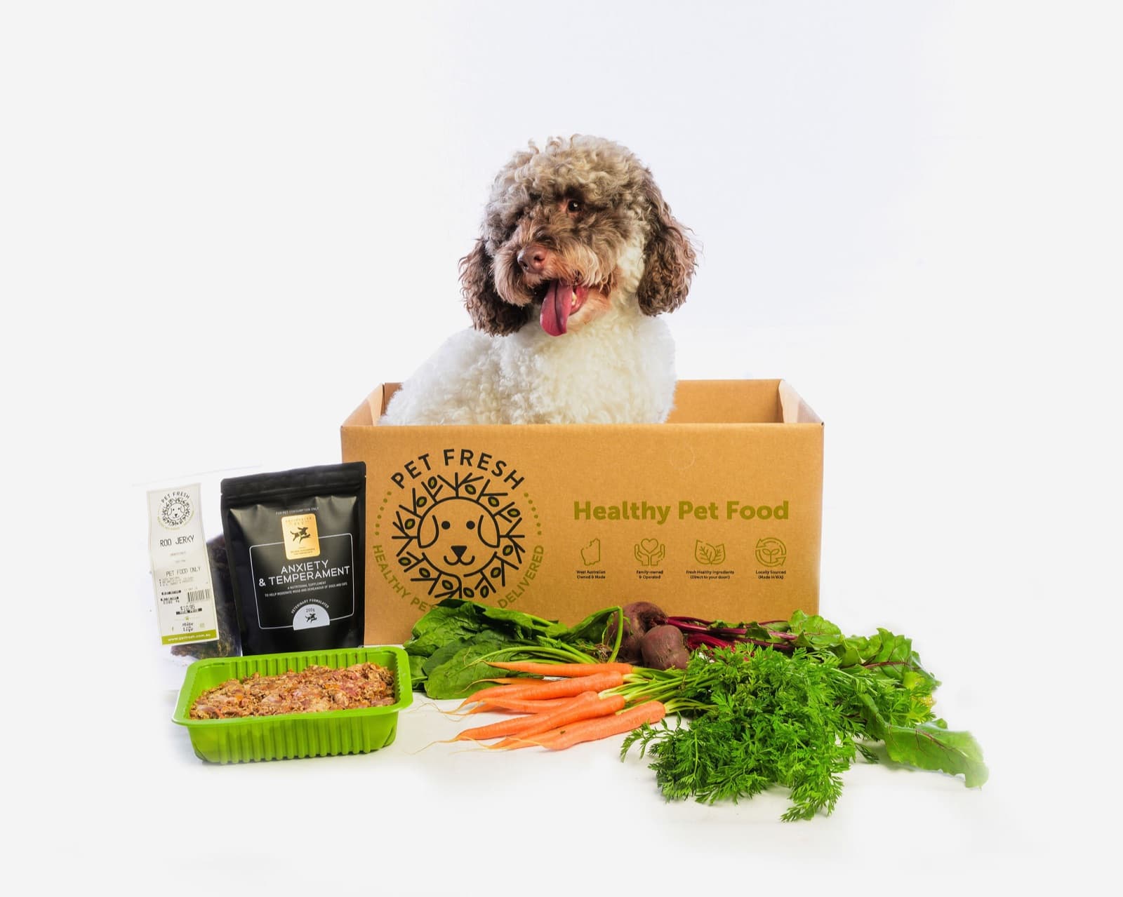Dog sitting in a Pet Fresh delivery box beside fresh produce